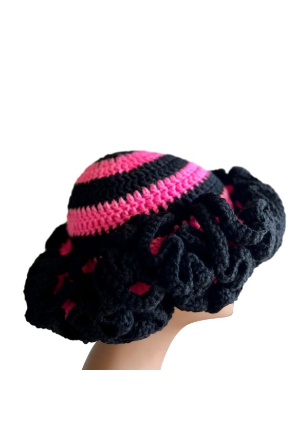 Sweet Girls Crochet Ruffled Brim Bucket Hat Cute Ladies Fisherman Hat Exaggerated Style Teens Winter Windproof Hat