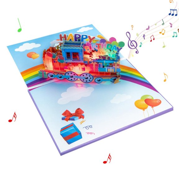 WINDLAND Unique 3D Light Up Rainbow Train Postcard Greeting Card with Music Foldable LED Lighting Surprise Card with Envelope