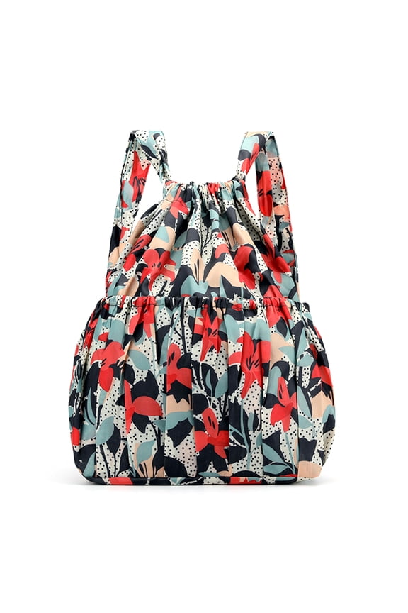 7829 Women Boho Floral Print Drawstring Backpack Foldable Sports Bag Lightweight Large Capacity Tote Nylon Pool Beach Travel Gym Sackpack