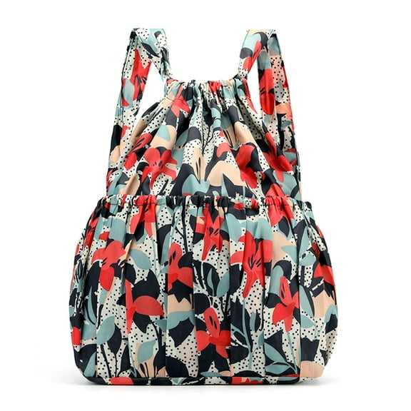 7829 Women Boho Floral Print Drawstring Backpack Foldable Sports Bag Lightweight Large Capacity Tote Nylon Pool Beach Travel Gym Sackpack