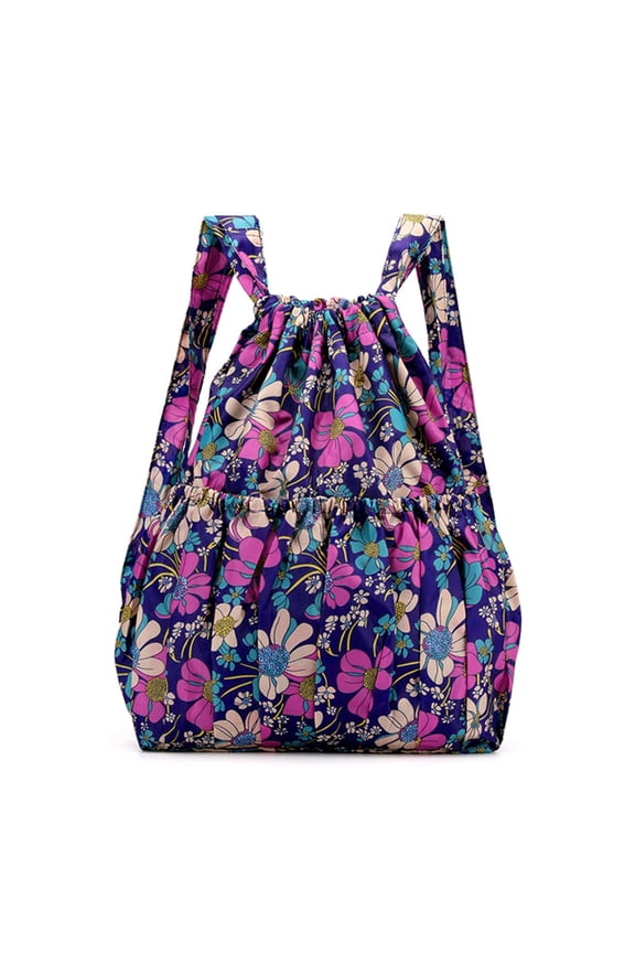 Women Boho Floral Print Drawstring Backpack Foldable Sports Bag Lightweight Large Capacity Tote Nylon Gym Sackpack