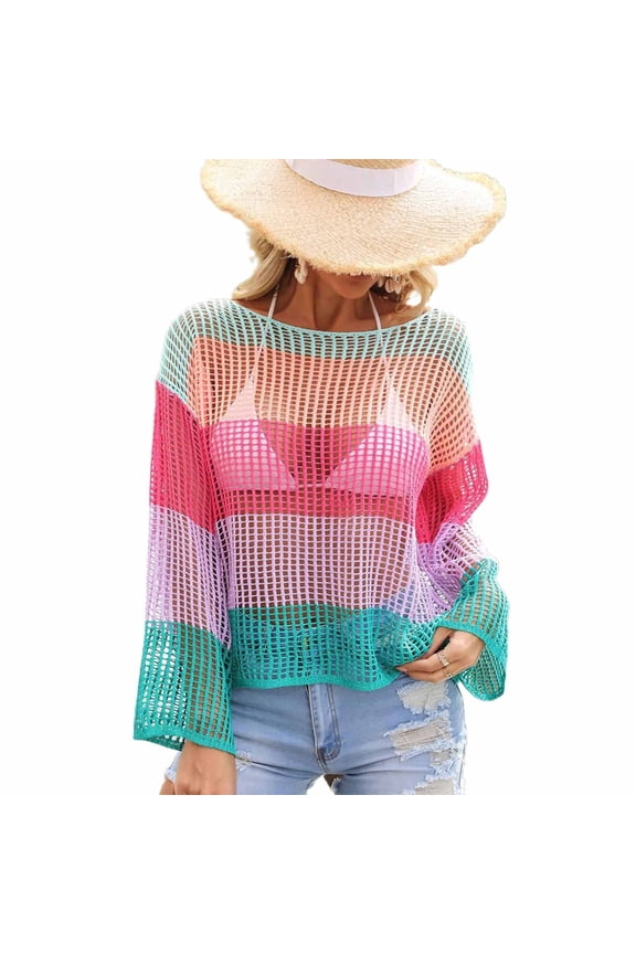 Women Mesh-Crochet-Crop Top Long Sleeve Hollow Out Knit Sweater See-Through Beach-Bikini Swimsuits Cover-Ups Swimwear