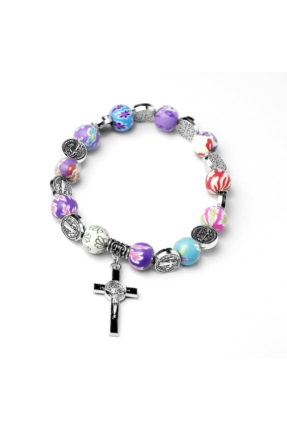 Women Teen Girl Bead Stretch Rosary Bracelet with Crucifix Charm Pendant Jewelry