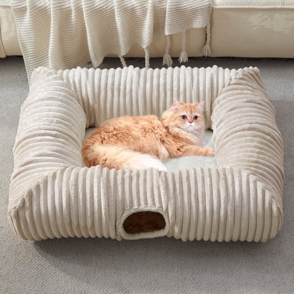 WINDRACING Large Cat Tunnel Bed – 4-Way Indoor Cat Tunnel, Peekaboo Cat Cave with Warm Rectangle Mat, Multifunctional Pet Playground for Kittens, Puppies, Rabbits & Ferrets (Beige)