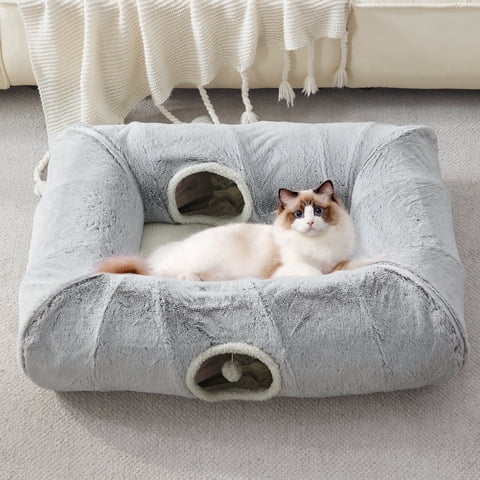 WINDRACING Square Cat Tunnel Bed, 39"x30" XL Washable Plush Pet Hideaway with Interactive Play Cave for Indoor Cats, Grey