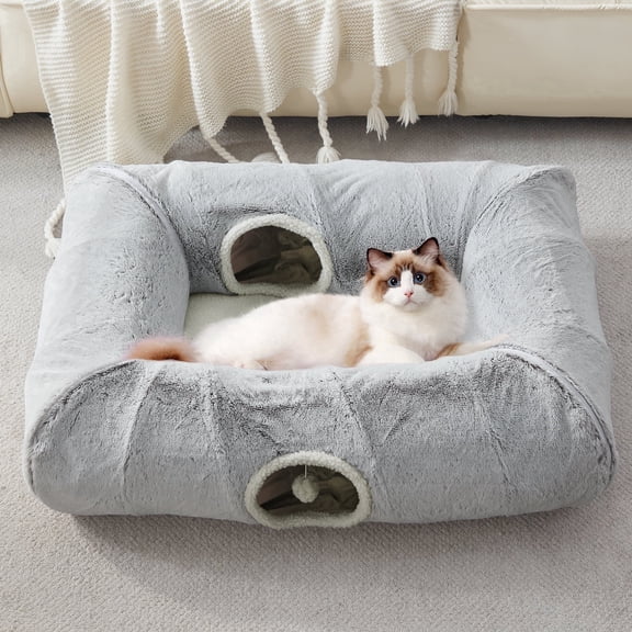 WINDRACING Square Cat Tunnel Bed, 39"x30" XL Washable Plush Pet Hideaway with Interactive Play Cave for Indoor Cats, Grey