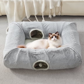 WINDRACING Square Cat Tunnel Bed, 39"x30" XL Washable Plush Pet Hideaway with Interactive Play Cave for Indoor Cats, Grey