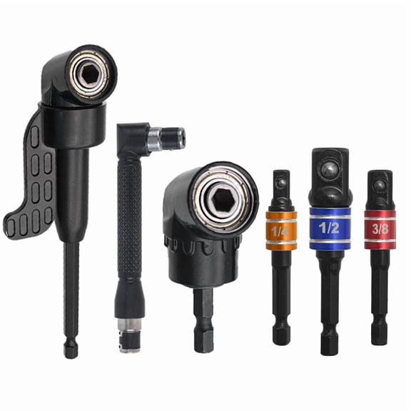 WINFA 6Pcs Impact Grade Socket Adapter Set, 105° Right Angle Drill Attachment with L-Shaped Wrench, 1/4" 3/8" 1/2" Hex Shank to Square Drive Adapter, Flexible Extension Kit for Narrow Space Access