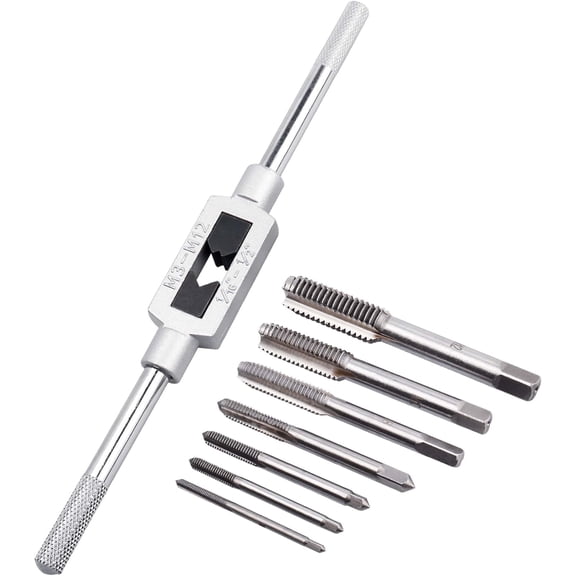 WINFA 8Pcs Adjustable Tap Wrench Handle with Thread Taps Set M3-M12, Metric Plug Tap Holder Reamer Kit, High-Quality Steel Tapping Tool for Iron, Aluminum, Copper, Wood and Plastic