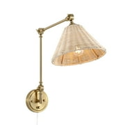 WINGBO  Adjustable Swing Arm Wall Sconce with Neutral Beige Rattan Shades Gold