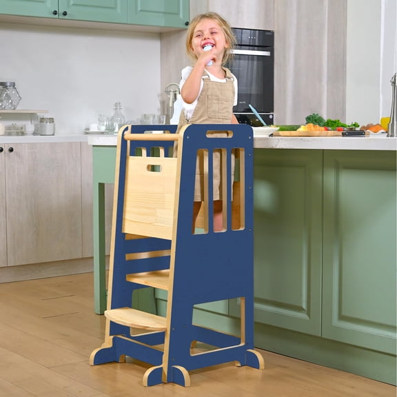 WINGYZ Toddler Tower - Adjustable Step Stool Helper for 18M-6Y, Kitchen Learning Stool with Safety Rail, 3-Height Adjustable, Sliding Door, Full Support Foot, Wooden Updated Design, Dark Blue Y101