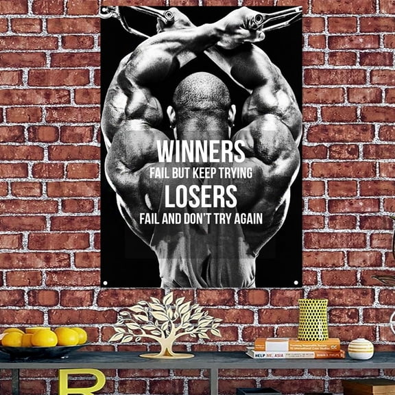 WINNERS FAIL BUT KEEP TRYING LOSERS FAIL AND DON'T TRY AGAIN - Bodybuilding Workout Inspirational Poster Wall Hanging Flag - Decorated With This Perfect Fitness Motivational Banner 38" x 57"