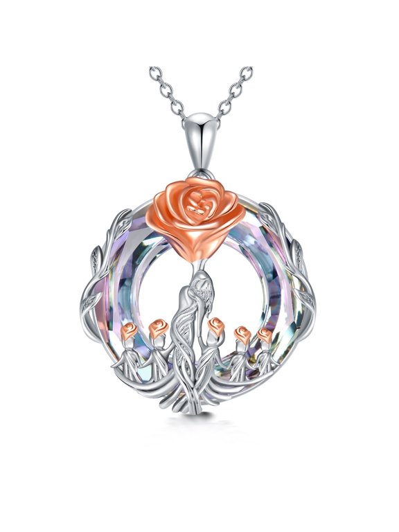 925 Sterling Silver Rose Mother and 5 Daughters or Sons Necklace Purple Crystal Jewelry Birthday Anniversary Mothers Valentines Day Gifts for Women
