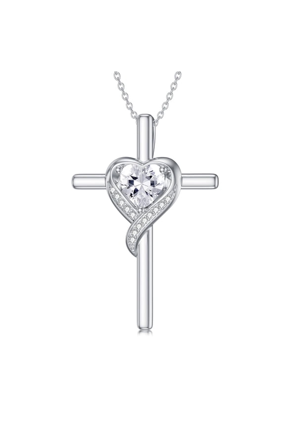 April Birthstone Diamond Cross Necklace for Women 925 Sterling Silver Heart Cross Pendant Necklace Birthday Valentines Mothers Day Jewelry Gifts for Women