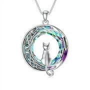 WINNICACA Birthday Gifts for Girls Cat Gifts for Cat Lovers S925 Sterling Silver Cat on the Moon Necklace with Purple Circle Crystal Cat Celtic Jewelry Gifts for Women Daughter Wife Valentines Day