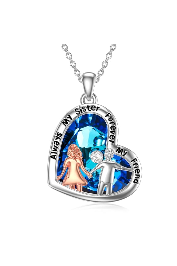 Brother Sister Necklace Sterling Silver Heart Blue Crystal Always My Sisters Forever My Friend Jewelry Birthday Anniversary Valentines Mothers Day Gifts for Women