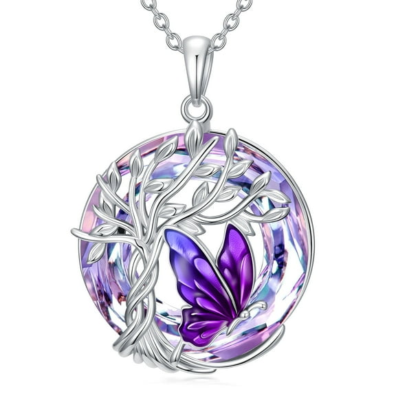 WINNICACA Butterfly Necklace for Women 925 Sterling Silver Tree of Life Butterflies Pendant Necklaces Purple Crystal Jewelry Anniversary Christmas Birthday Gift for Her