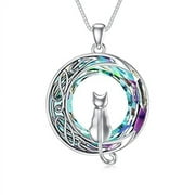WINNICACA Cat Gifts for Girls Cat Gifts for Cat Lovers S925 Sterling Silver Cat on the Moon Necklace with Purple Circle Crystal Cat Celtic Jewelry Gifts for Women Daughter Wife Birthday Graduation
