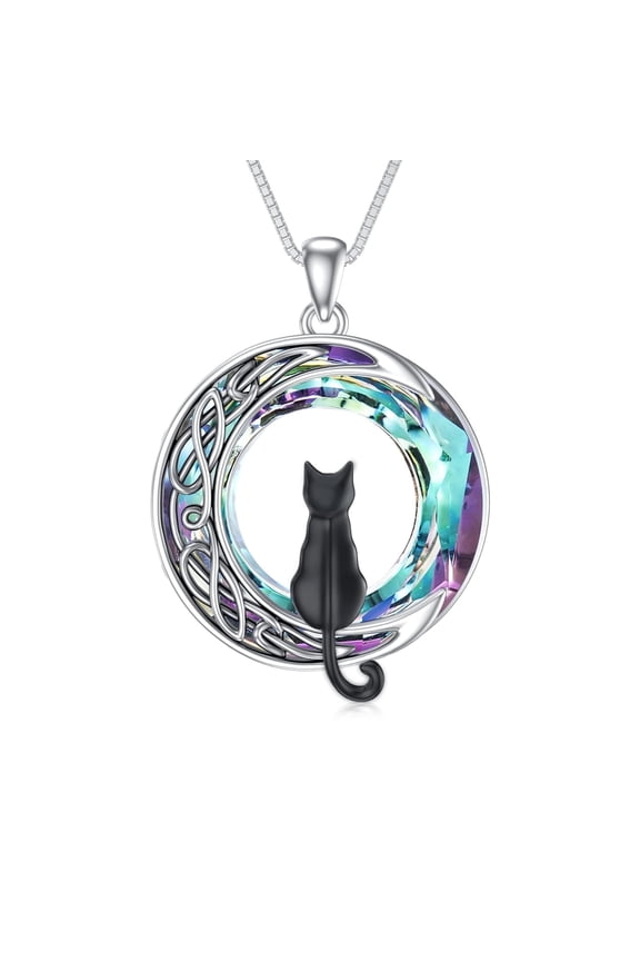 S925 Sterling Silver Black Cat on the Moon Necklace Purple Crystal Celtic Jewelry Birthday Anniversary Valentines Mothers Day Gifts for Women