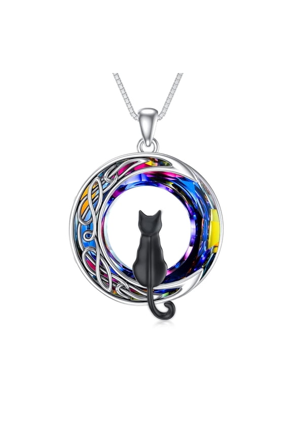 S925 Sterling Silver Black Cat on the Moon Necklace Volcano Circle Crystal Celtic Jewelry Birthday Anniversary Mothers Valentines Day Gifts for Women