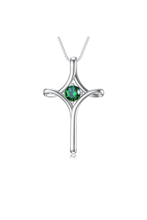S925 Sterling Silver Faith Cross Emerald Necklace May Birthstone Religious Crucifix Jewelry Birthday Anniversary Mothers Valentines Day Gifts for Women