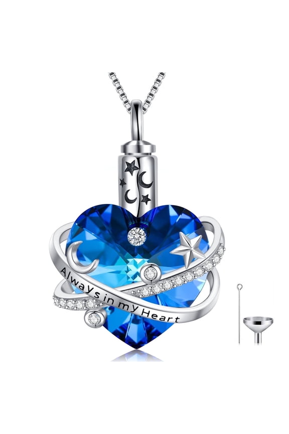 Cremation Jewelry Moon and Stars Urn Necklace Sterling Silver Heart Blue Crystal Pendant Keepsake Memorial Birthday Anniversary Mothers Valentines Day Gifts for Women