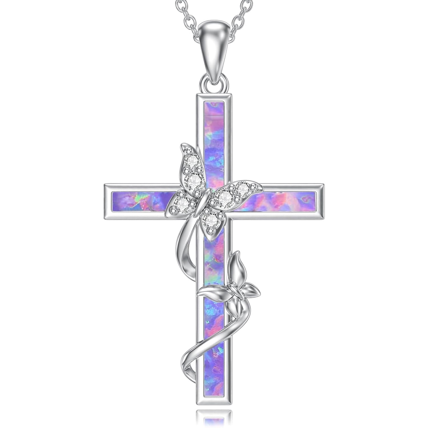 WINNICACA Cross Necklace for Women 925 Sterling Silver Butterfly Pendant Necklace Purple Opal Jewelry  Birthday Anniversary Mothers Day Gifts for Women
