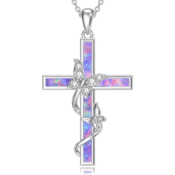 WINNICACA Cross Necklace for Women 925 Sterling Silver Butterfly Pendant Necklace Purple Opal Jewelry Birthday Anniversary Mothers Day Gifts for Women