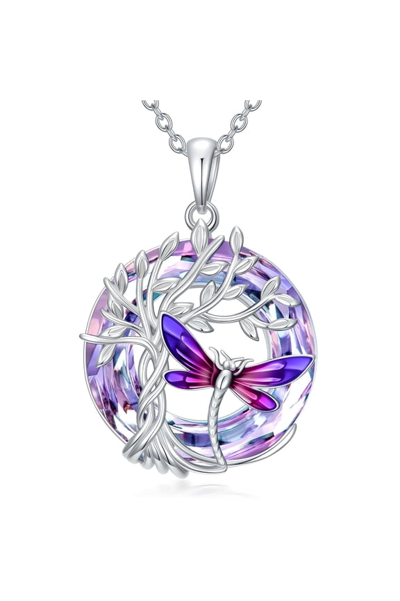 Dragonfly Necklace S925 Sterling Silver Tree of Life Pendant Necklaces Purple Crystal Jewelry Anniversary Mothers Valentines Day Birthday Gift for Her