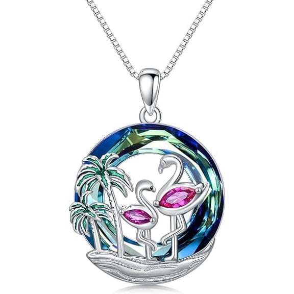WINNICACA Flamingo Gifts for Women 925 Sterling Silver Two Flamingo Necklace Palm Tree Pendant Blue Crystal Flamingo Jewelry Birthday Mothers Day Gifts for Women