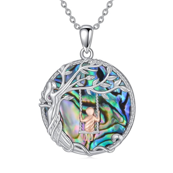 WINNICACA Mom Mother and 1 Daughter/Son Necklace 925 Sterling Silver Family Tree of Life Abalone Shell Jewelry Birthday Mothers Valentines Day Gifts for Women Wife Grandma