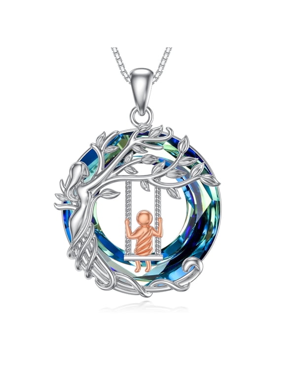 Mom Mother and 1 Daughter/Son Necklace 925 Sterling Silver Family Tree of Life Crystal Jewelry Birthday Mothers Valentines Day Gifts for Women Wife Grandma