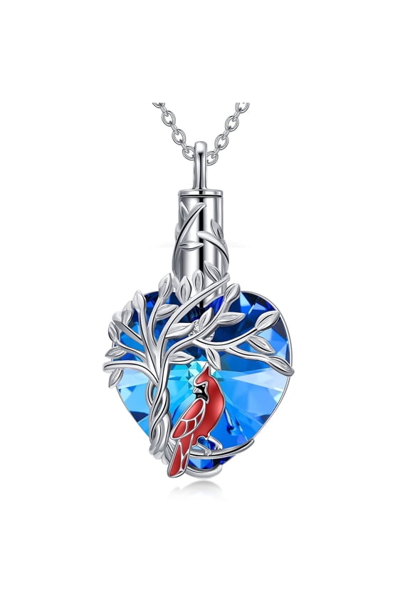 Tree of Life Urn Cardinal 925 Sterling Silver Heart Crystal Cremation Jewelry Memorial Anniversary Valentines Mothers Day Gifts for Women