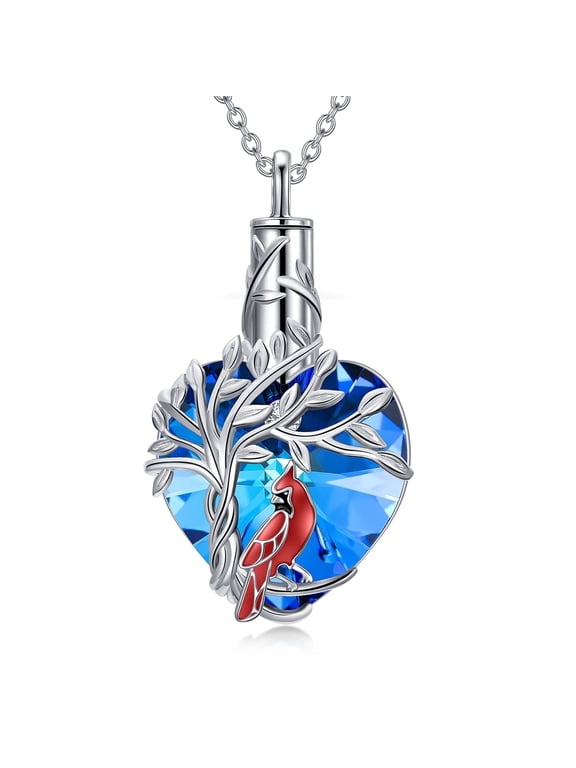 Tree of Life Urn Cardinal 925 Sterling Silver Heart Crystal Cremation Jewelry Memorial Anniversary Valentines Mothers Day Gifts for Women