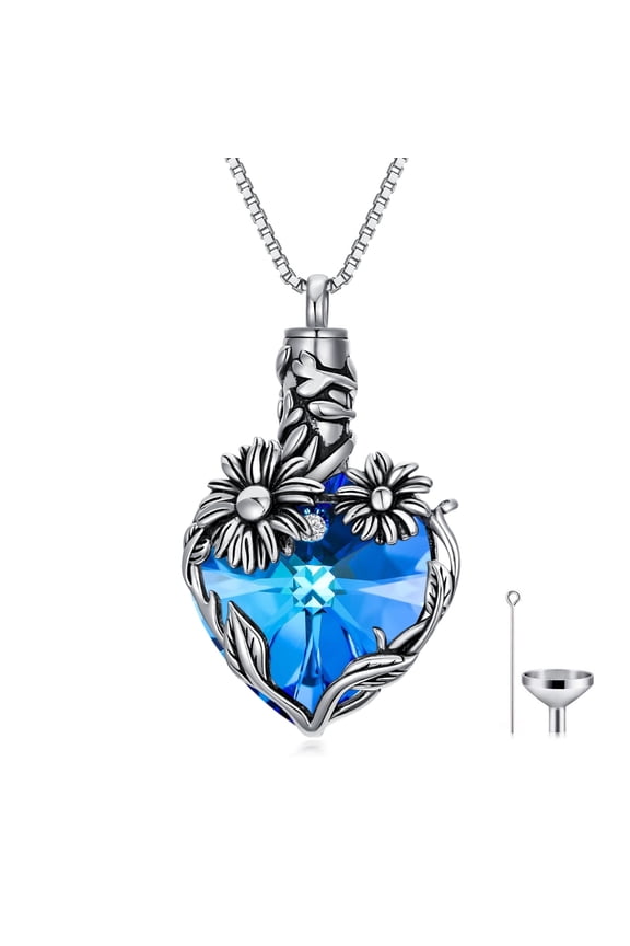 Heart Tree of Life Urn Sunflower Necklace 925 Sterling Silver Heart Crystal Cremation Jewelry Memorial Anniversary Valentines Mothers Day Gifts for Women