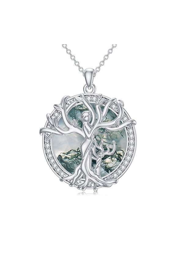 925 Sterling Silver Mothers and 1 Daughter or Son Necklace Family Tree of Life Moss Agate Jewelry Birthday Anniversary Mothers Valentines Day Gifts for Women