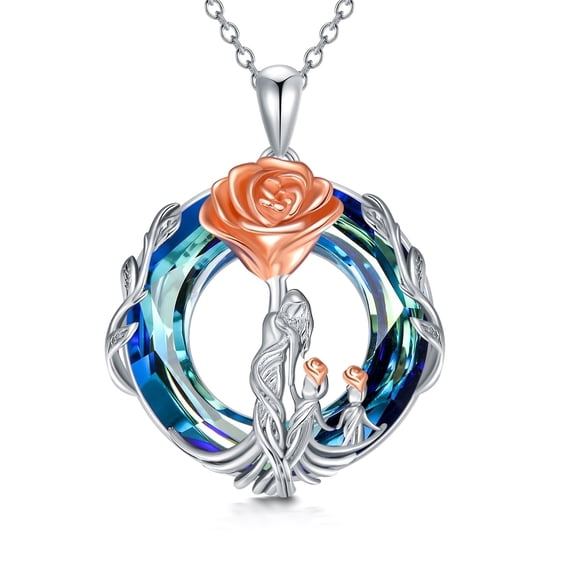 WINNICACA 925 Sterling Silver Rose Mother and 2 Daughters /Sons Necklace Mom Blue Crystal Jewelry Birthday Anniversary Mothers Valentines Day Gifts for Women