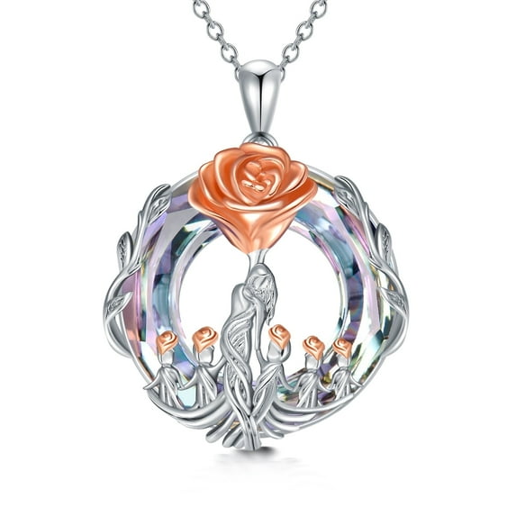 WINNICACA 925 Sterling Silver Rose Mother and 5 Daughters or Sons Necklace Purple Crystal Jewelry Birthday Anniversary Mothers Valentines Day Gifts for Women