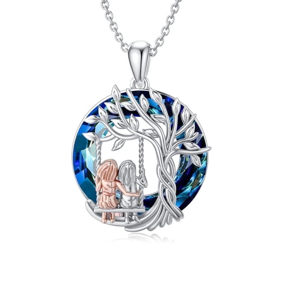 WINNICACA Tree of Life 2 Sisters Jewelry S925 Sterling Silver with Blue Crystal Friendship Necklace Birthday Anniversary Valentines Mothers Day Gifts for Women