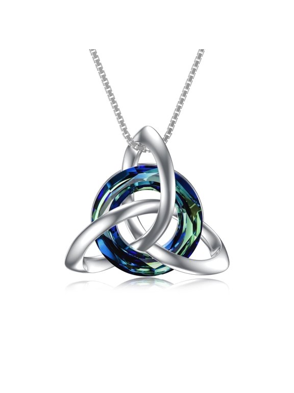 S925 Sterling Silver Celtic Knot Necklace Blue Crystal Trinity Knot Pendant Jewelry Irish Birthday Anniversary Mothers Valentines Day Gifts for Women