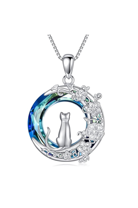 Sterling Silver 1 Silver Cat Necklaces Blue Circle Crystal Cat Themed Birthday Anniversary Mothers Valentines Day Gifts for Women