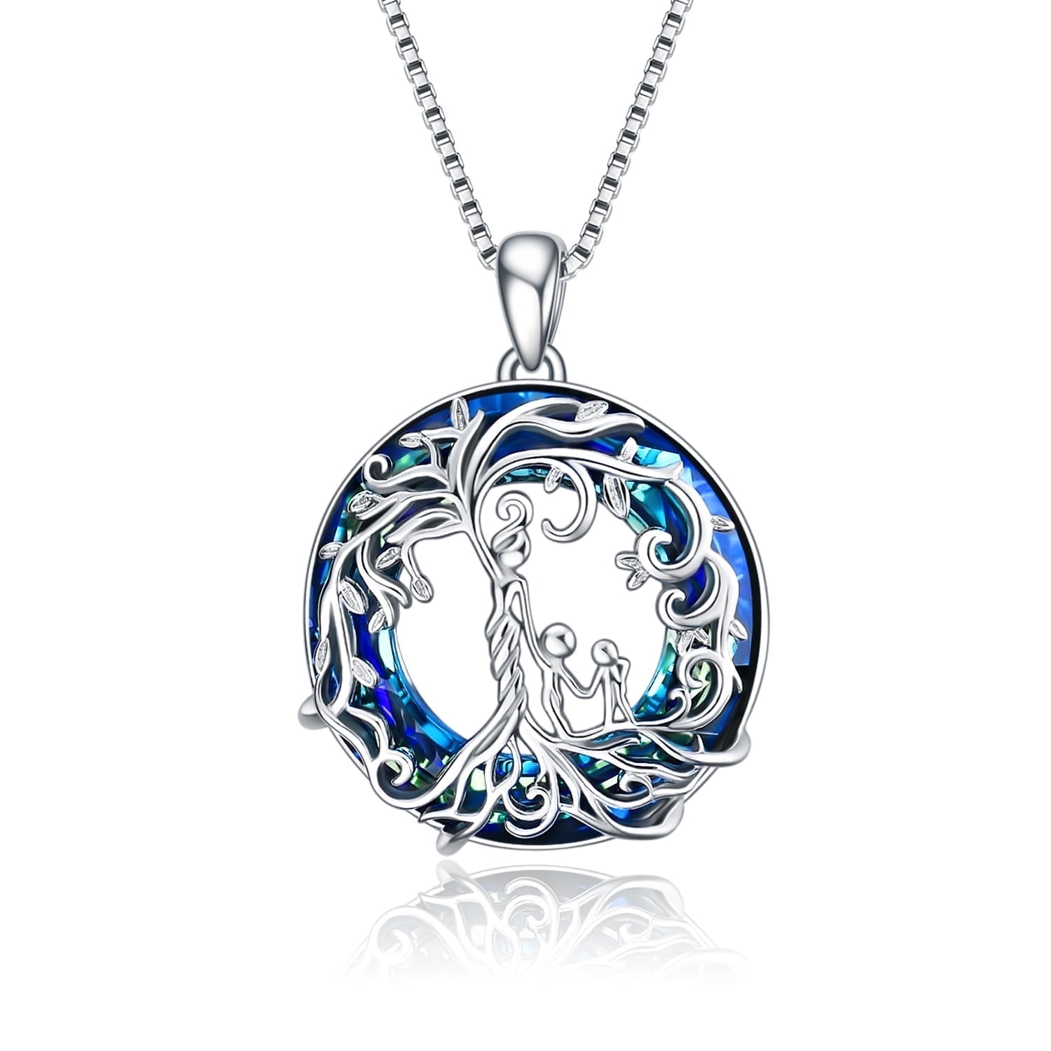 WINNICACA Mothers Day Gifts for Mom Family Tree Necklace S925 Sterling Silver Mother and 2 Family Members Tree of Life Pendant Necklaces with Blue Crystal Jewelry Mothers Day Gifts for Mom