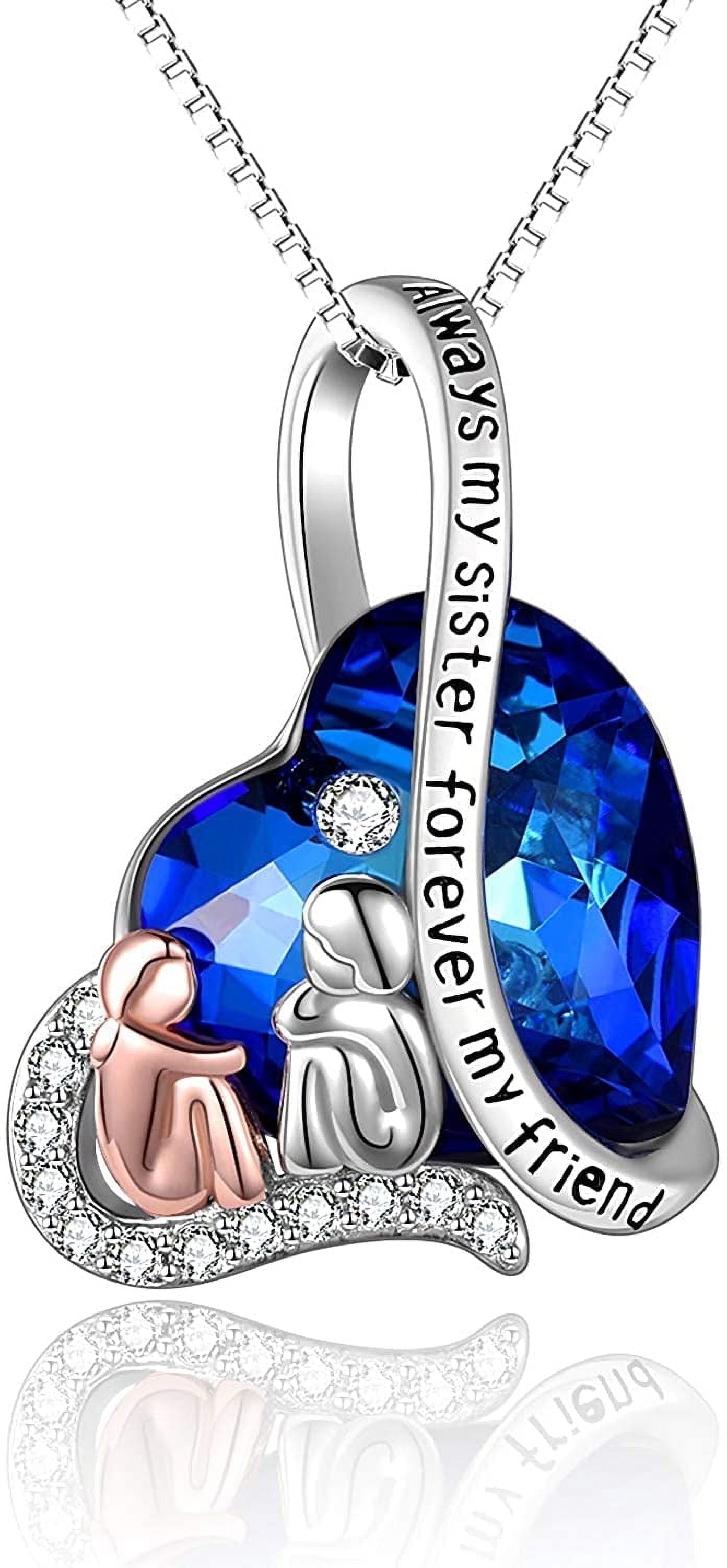 WINNICACA Friendship Necklace for 2 Sisters 925 Sterling Silver with Blue Heart Crystal Necklaces Jewelry Best Friend Birthday Anniversary Mothers Valentines Day Gifts for Women