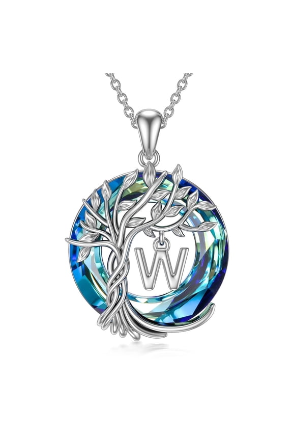 Tree of Life Necklace for Women 925 Sterling Initial W Letter Pendant Family Tree Crystal Jewelry Birthday Anniversary Christmas Gifts for Her Mom Wife Daughter