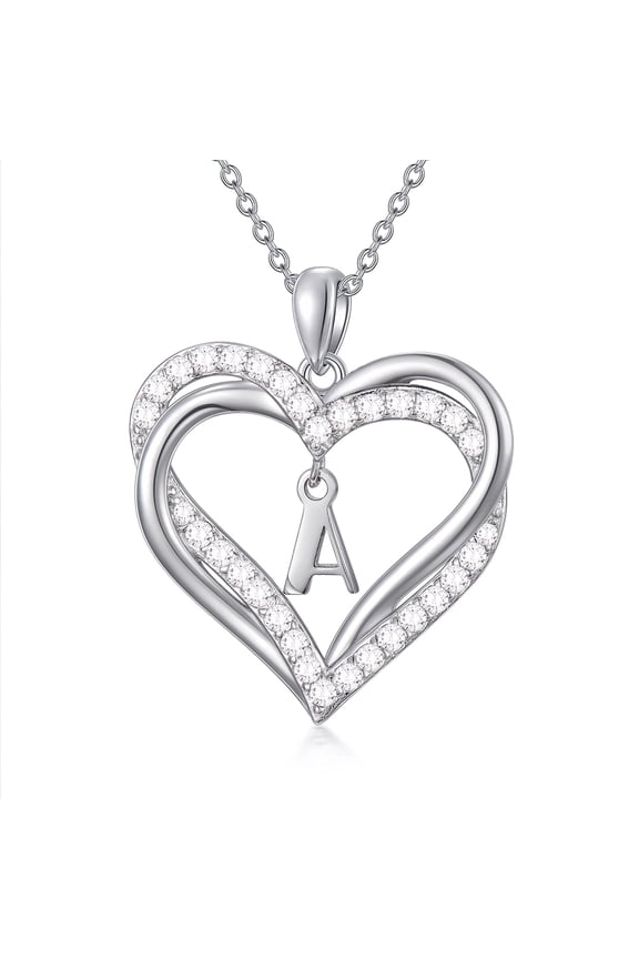 Double Heart Initial A Necklace S925 Sterling Silver Alphabet Pendant Jewelry Birthday Anniversary Valentines Mothers Day Gifts for Women