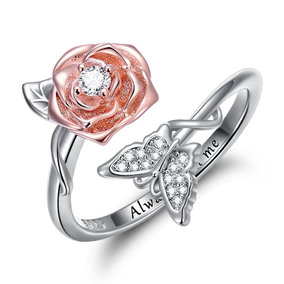 WINNICACA You Are My Sunshine Adjustable Ring Sterling Silver Butterfly Rose Stackable Ring Set Timeless Floral Jewelry Birthday Anniversary Mothers Day Valentines Day Gifts for Women