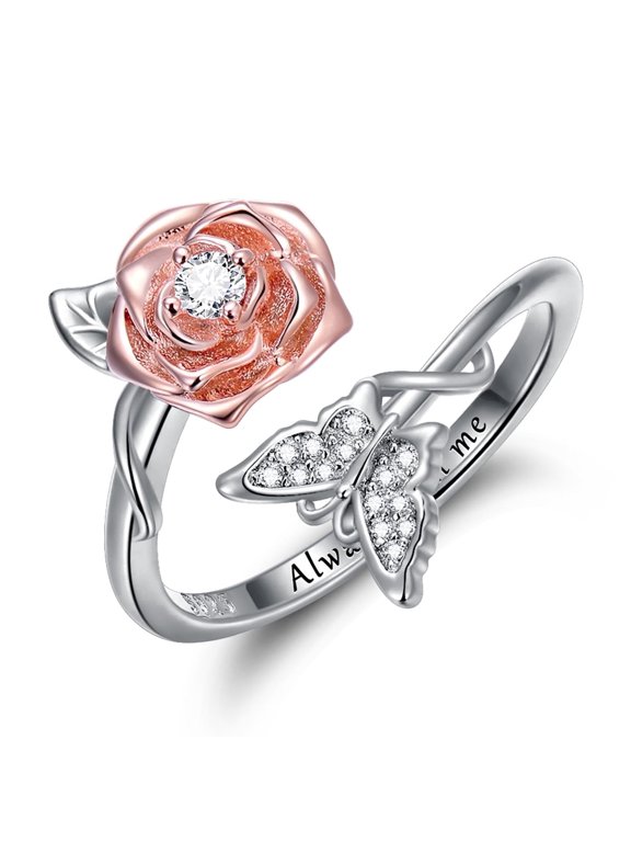 You Are My Sunshine Adjustable Ring Sterling Silver Butterfly Rose Stackable Ring Set Timeless Floral Jewelry Birthday Anniversary Mothers Day Valentines Day Gifts for Women