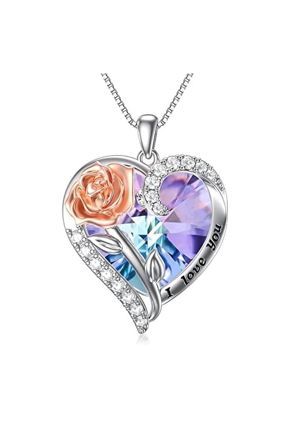Rose Flower Sterling Silver with Heart Crystal February Birthstone Pendant Amethyst Jewelry Birthday Anniversary Mothers Day Valentines Day Gifts for Women