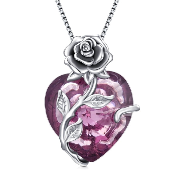 WINNICACA S925 Sterling Silver June Birthstone Necklace Purple Alexandrite Blooming Rose Heart Pendant Birthday Anniversary Mothers Valentines Day Gifts for Women