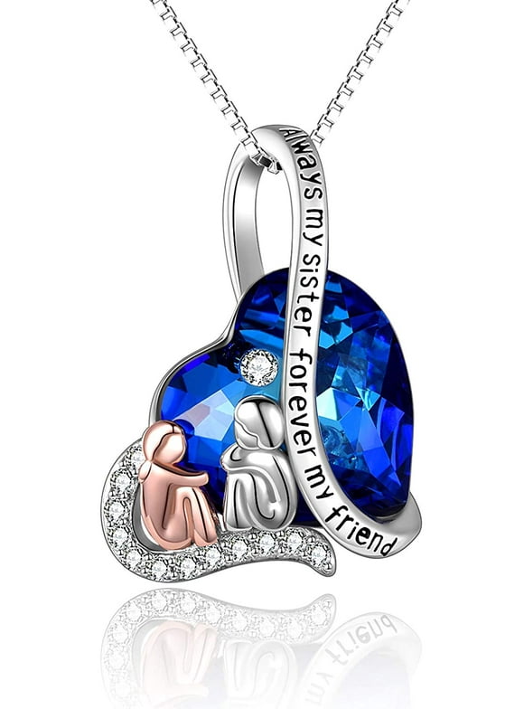 WINNICACA Sister Gifts for Sisters 925 Sterling Silver 2 Sisters Necklace with Blue Heart Crystal Friendship Necklaces Jewelry Gifts for Women Girls Best Friend Sister Birthday Gifts Graduation
